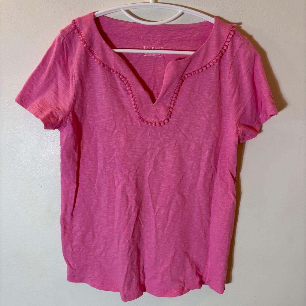 Talbots Pink Slub Cotton Pom-Pom Trim Split Neck Short Sleeve Tee‎ Shirt Medium
